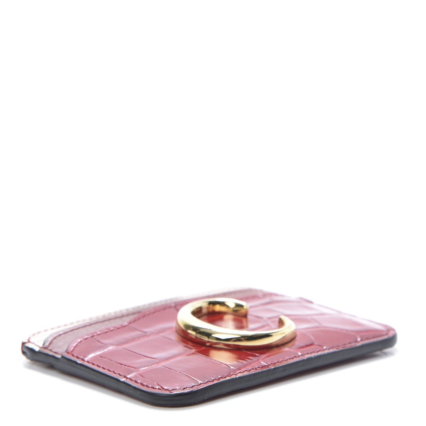 Crocodile Embossed Calfskin C Card Holder Dusky Red