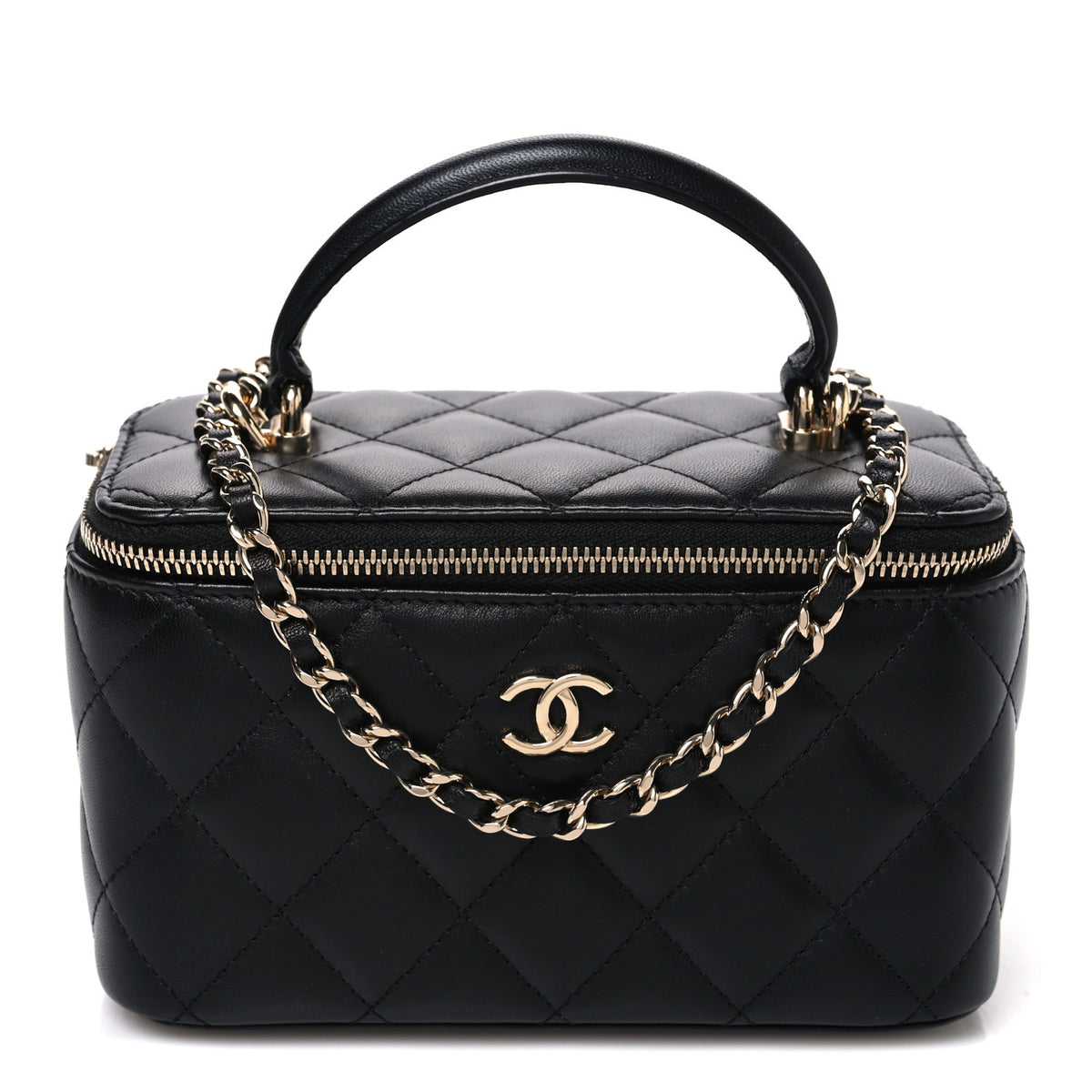 Lambskin Quilted Small Top Handle Vanity Case With Chain Black