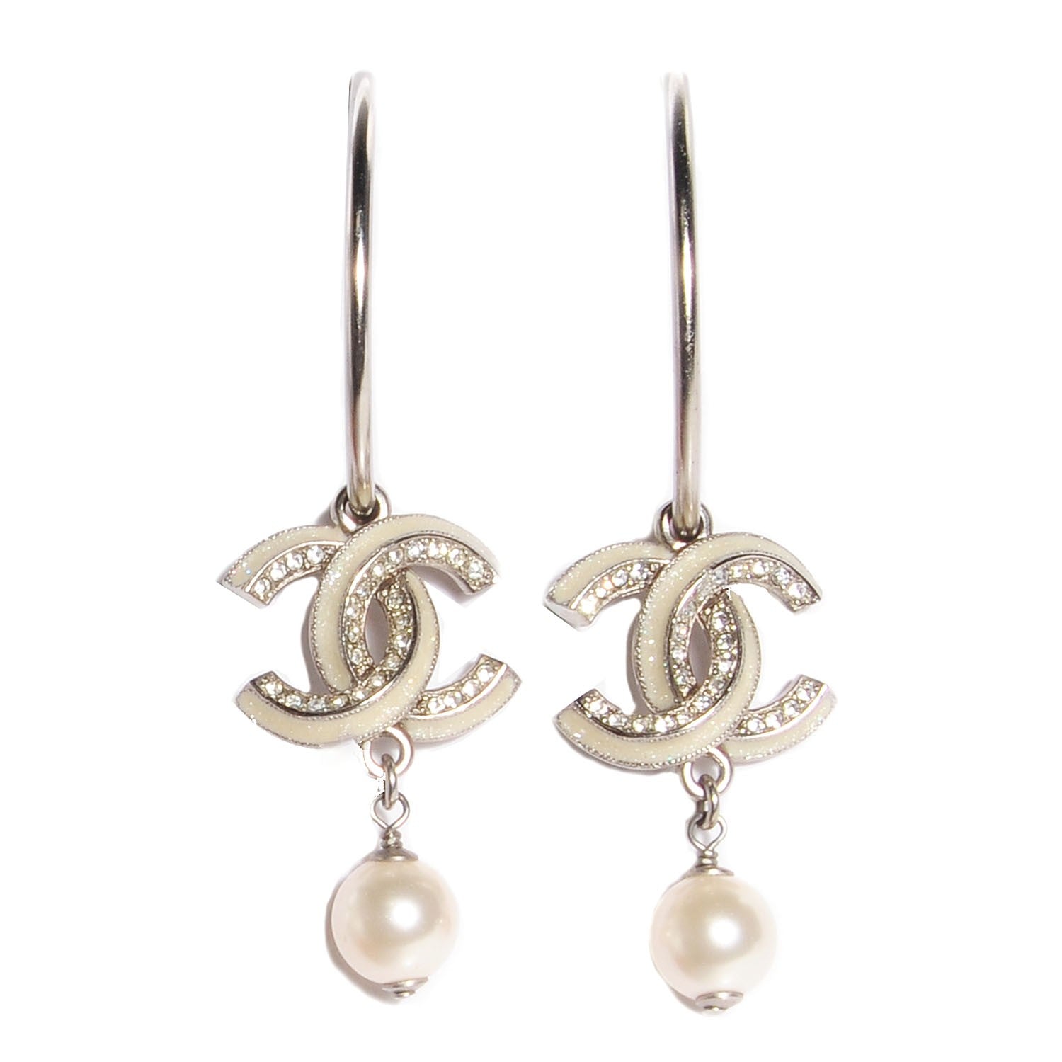 Chanel Enamel Crystal Pearl CC Earrings Silver 1 of 4