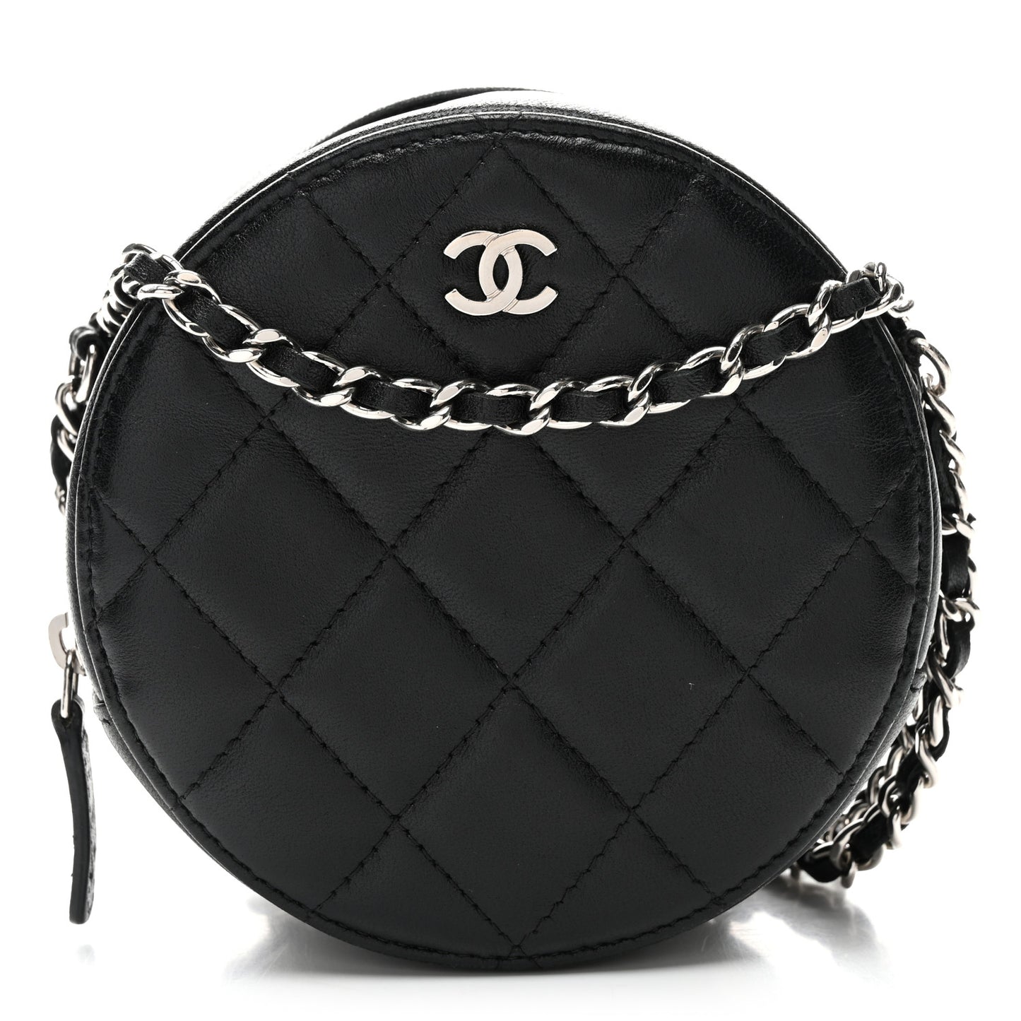Lambskin Quilted Round Clutch With Chain Black