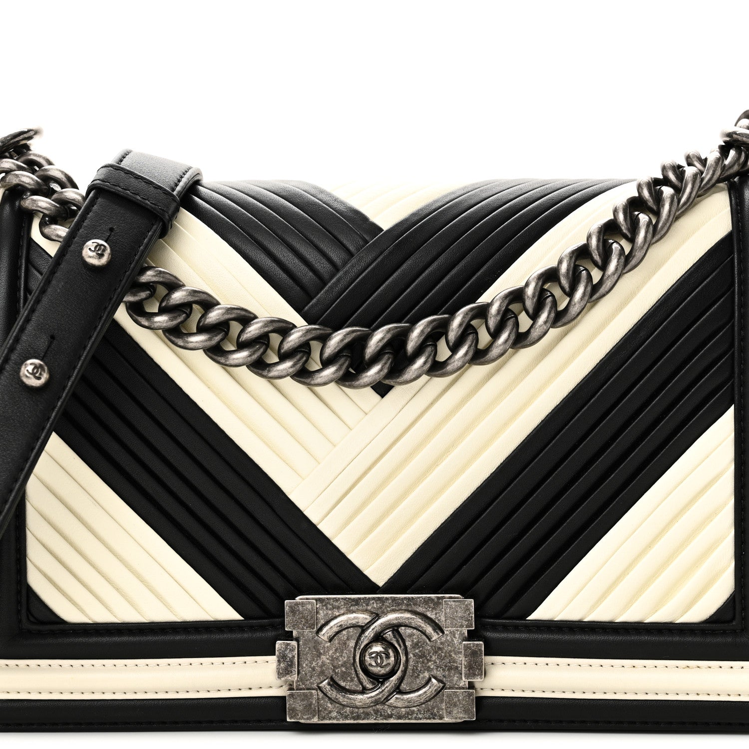 Chanel Calfskin Pleated Medium Boy In Rome Flap Black White 8 of 11