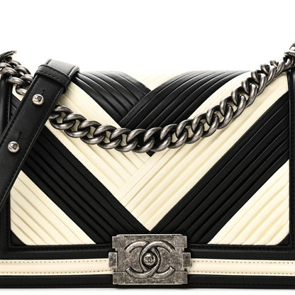 Chanel Calfskin Pleated Medium Boy In Rome Flap Black White 8 of 11
