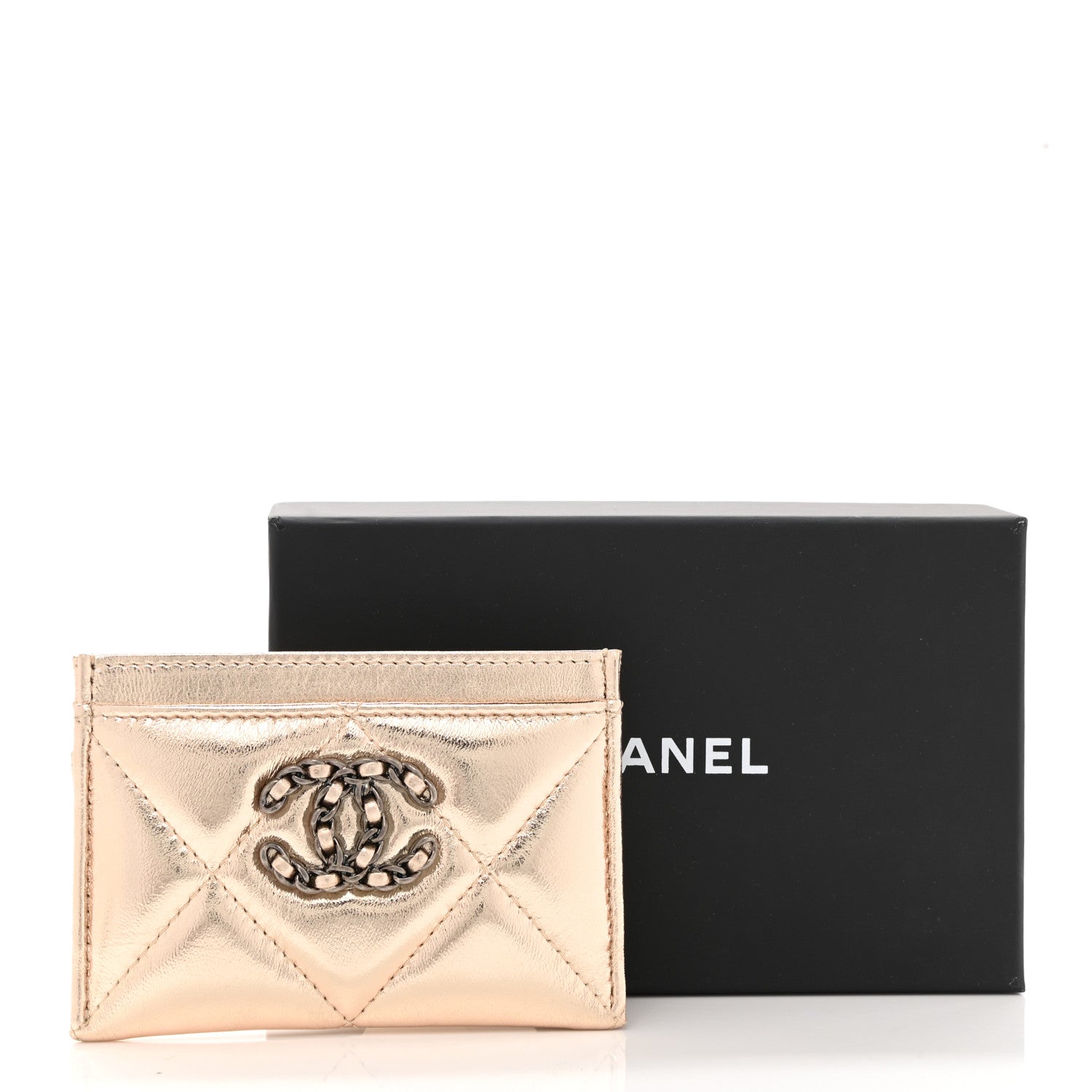 Chanel Metallic Lambskin Quilted Chanel 19 Card Holder Gold 8 of 8