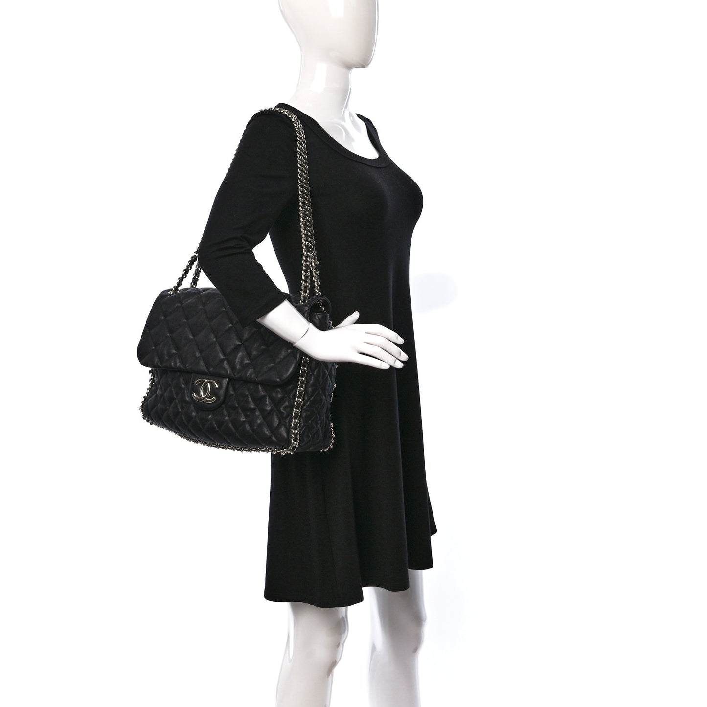 Washed Lambskin Quilted Maxi Chain Around Flap Black