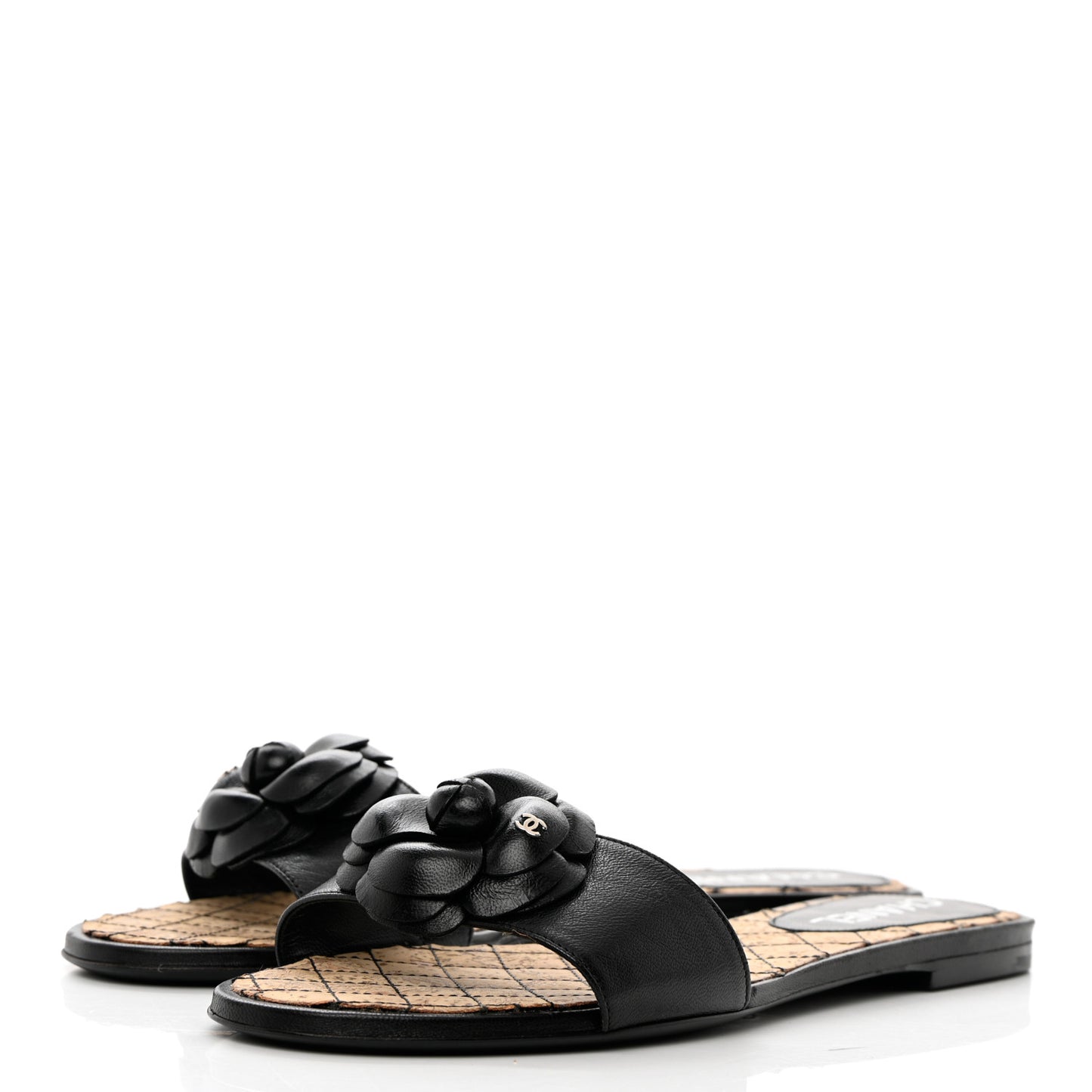 Lambskin Cork Camellia Sandals 38.5 Black