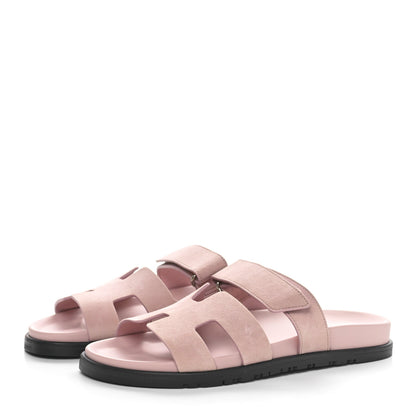 Hermes Suede Goatskin Womens Chypre Sandals Rose Porcelaine 3 of 8