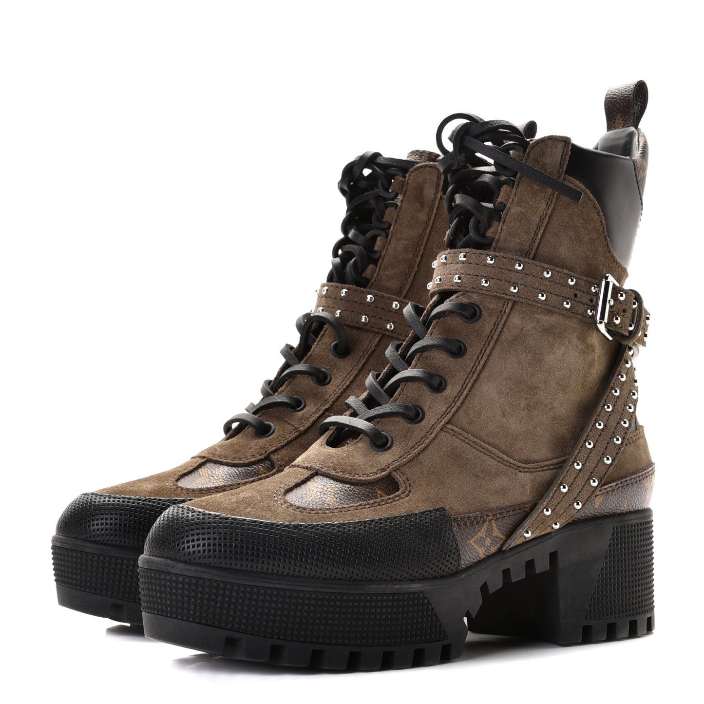 Suede Calfskin Monogram Laureate Platform Desert Boots 36.5 Kaki