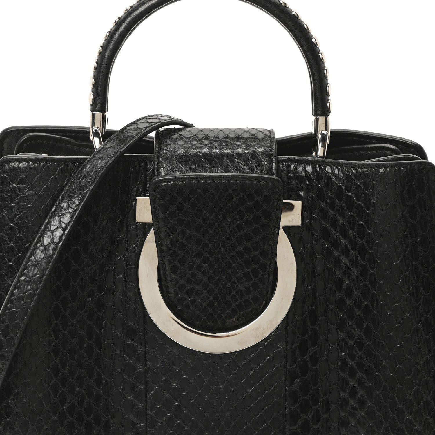 Salvatore Ferragamo Snakeskin Studded Thalia Top Handle Black 7 of 9
