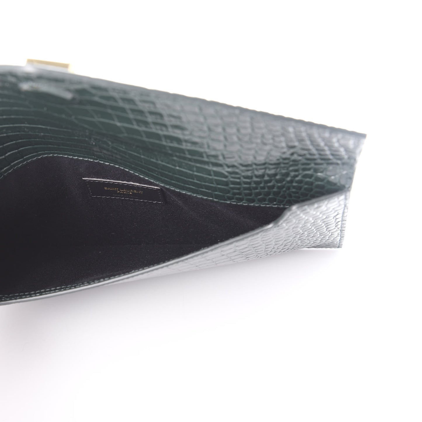 Calfskin Crocodile Embossed Uptown Monogram Clutch Dark Green