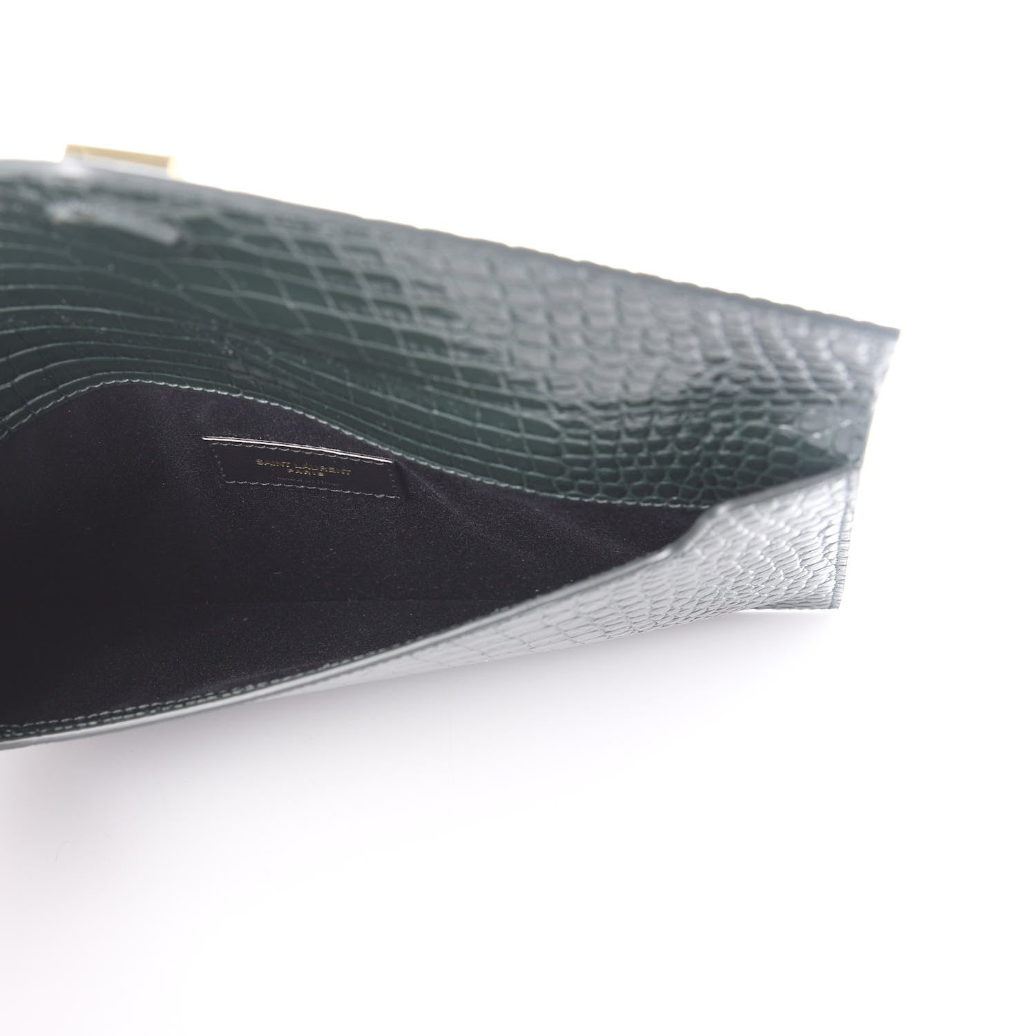 Saint Laurent Calfskin Crocodile Embossed Uptown Monogram Clutch Dark Green 4 of 9