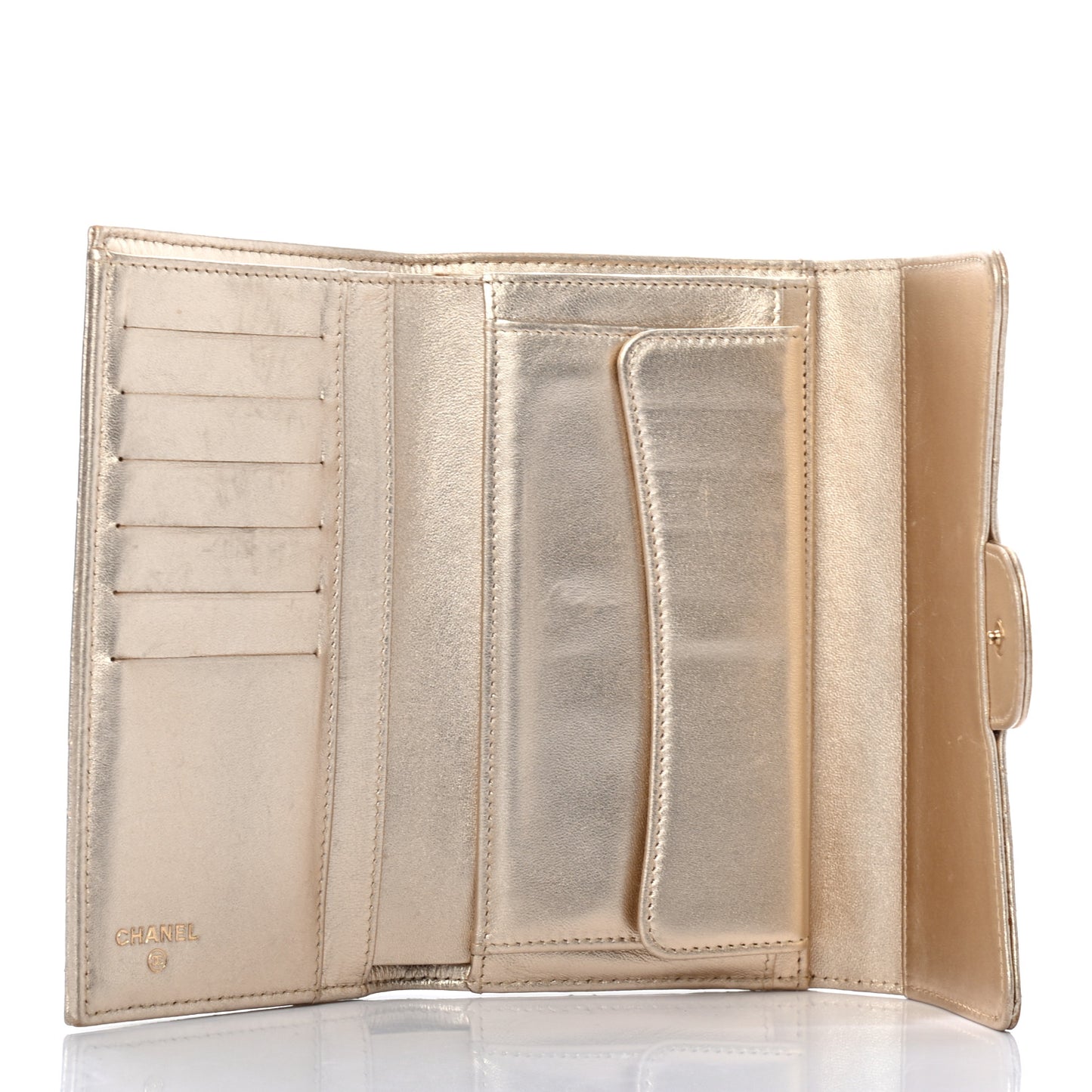 Metallic Lambskin Quilted Large Flap Wallet Gold