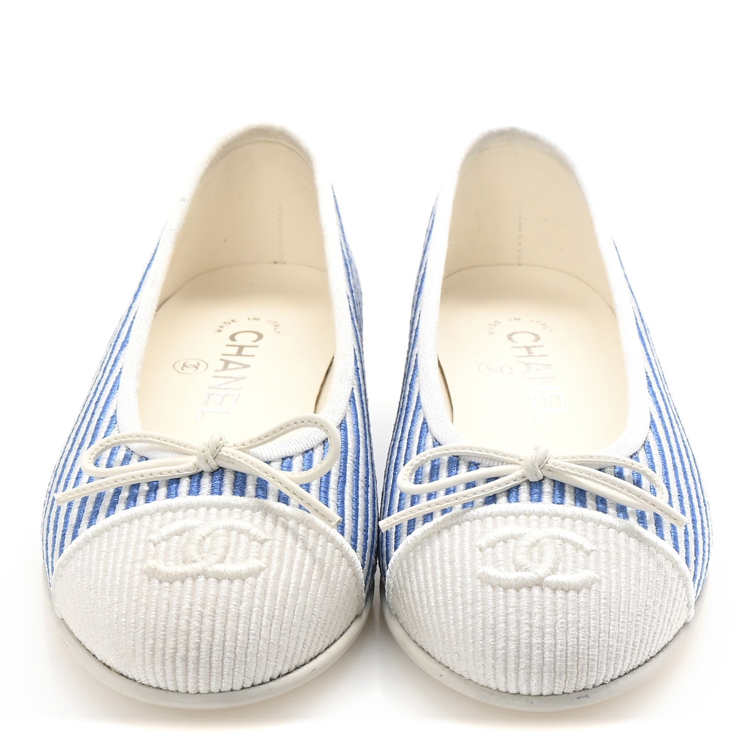 Chanel Fabric Grosgrain Cap Toe CC Flats 35 White Blue 3 of 10