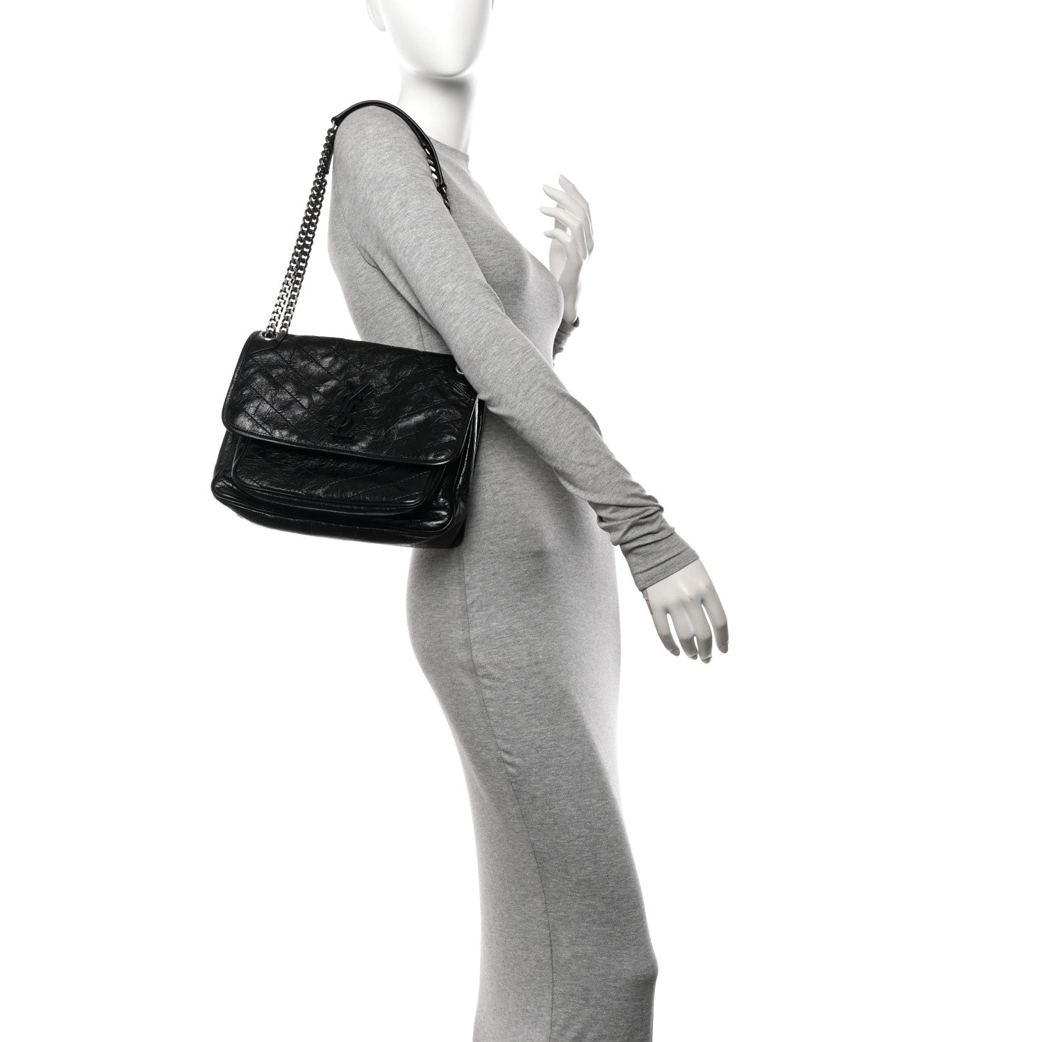 Saint Laurent Crinkled Calfskin Matelasse Monogram Medium Niki Chain Satchel Black 2 of 10