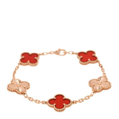 Van Cleef & Arpels 18K Rose Gold Carnelian 5 Motifs Guilloche Vintage Alhambra Bracelet 1 of 4