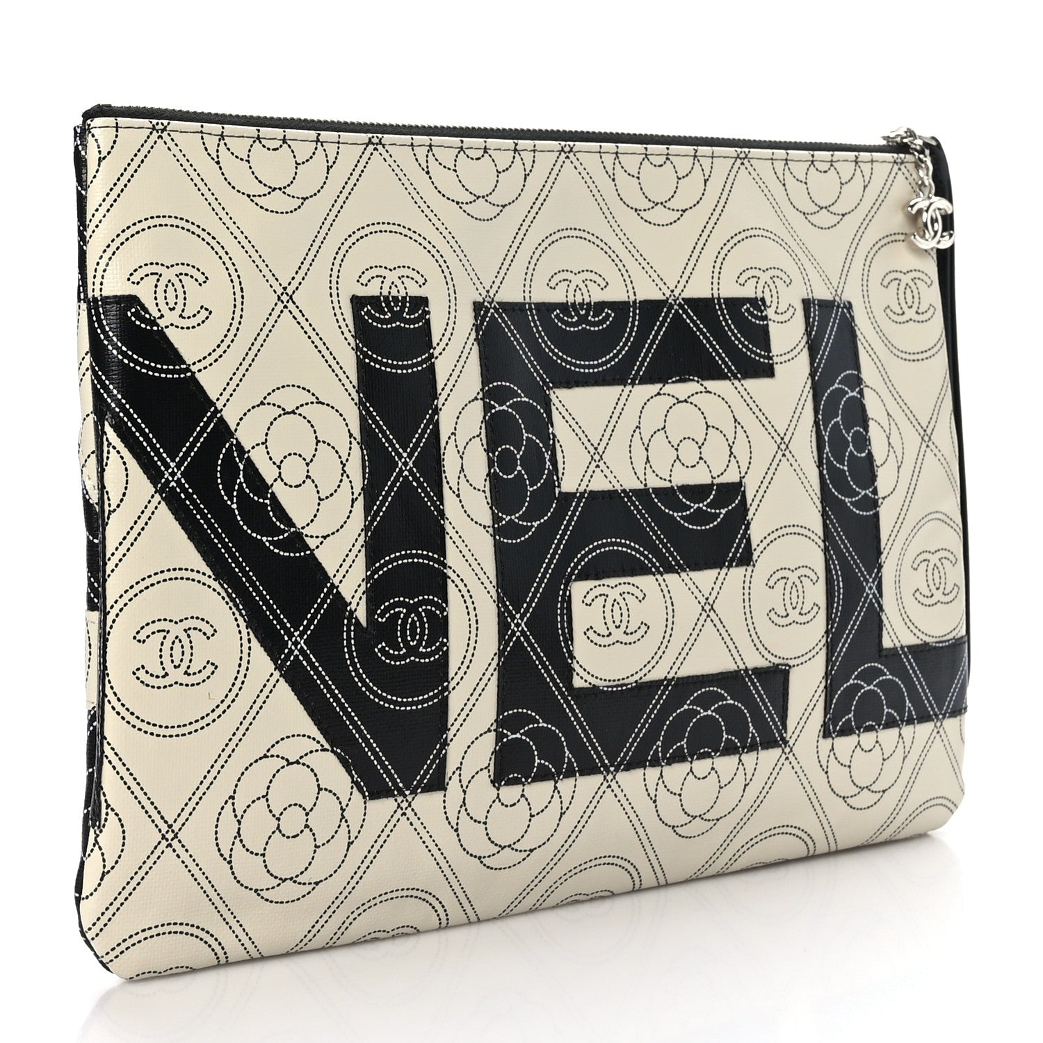 Chanel Coated Canvas Calfskin Camellia Printed Pouch Black Beige 3 of 7
