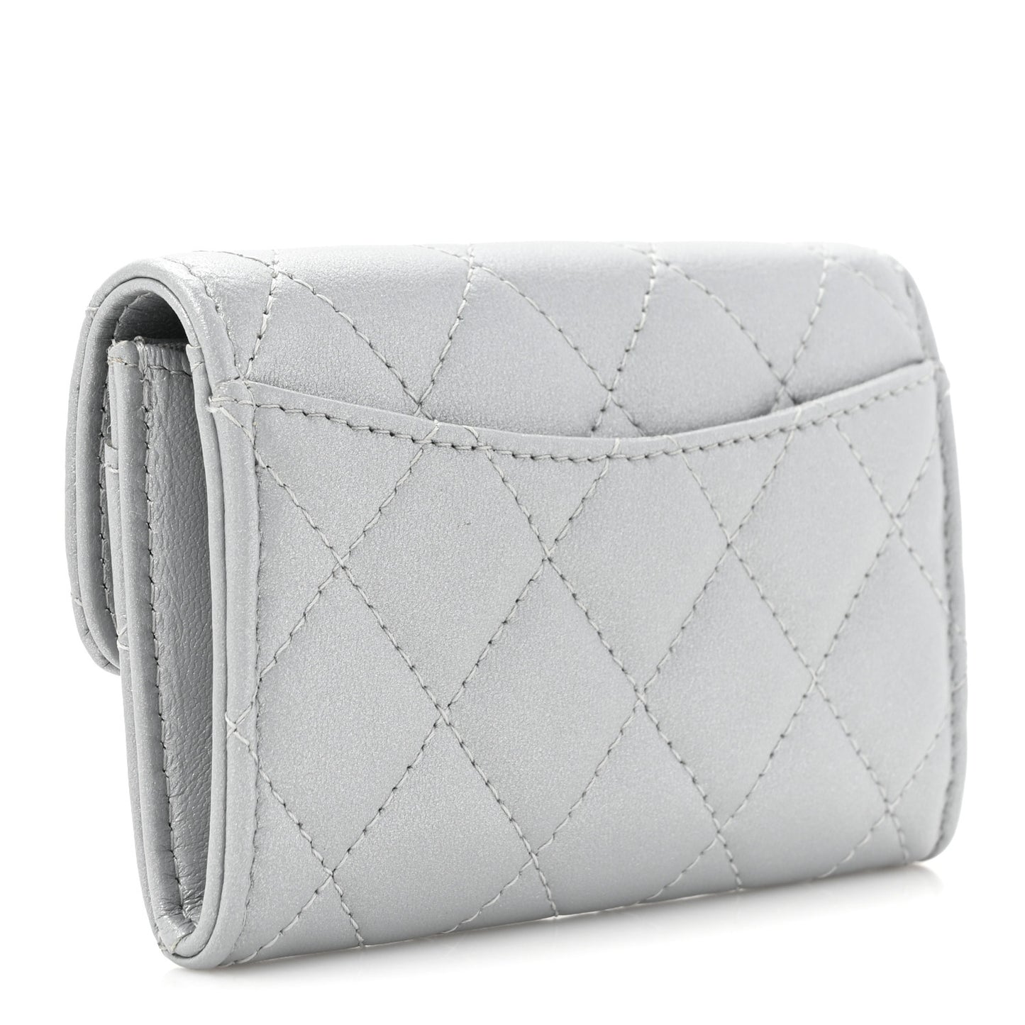 Metallic Lambskin Quilted Flap Card Holder Wallet Silver