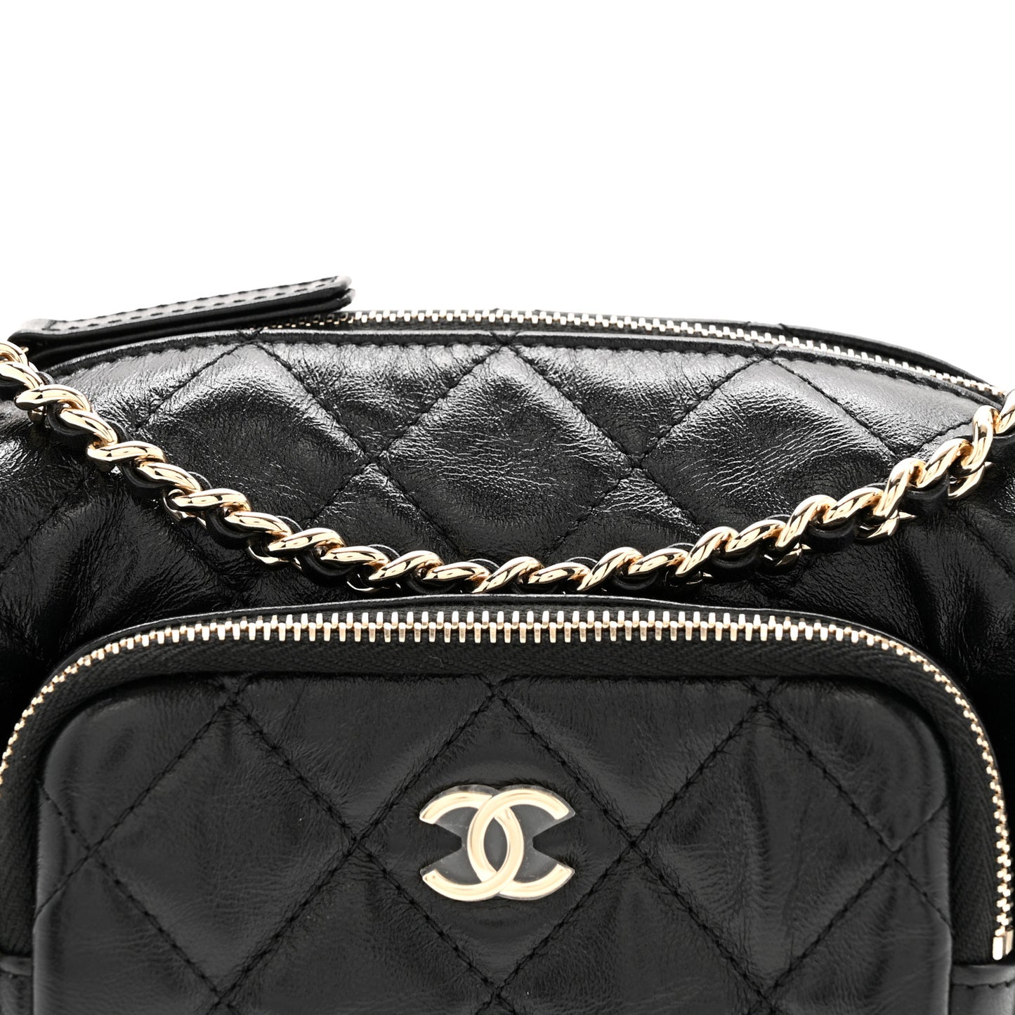 Shiny Crumpled Lambskin Quilted Small Preppy Pocket Camera Case Black