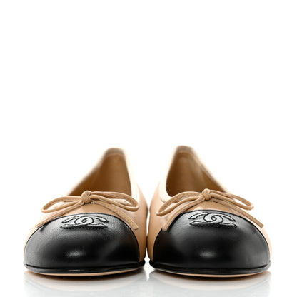 Chanel Lambskin Cap Toe CC Ballerina Flats 37 Beige Black 2 of 10