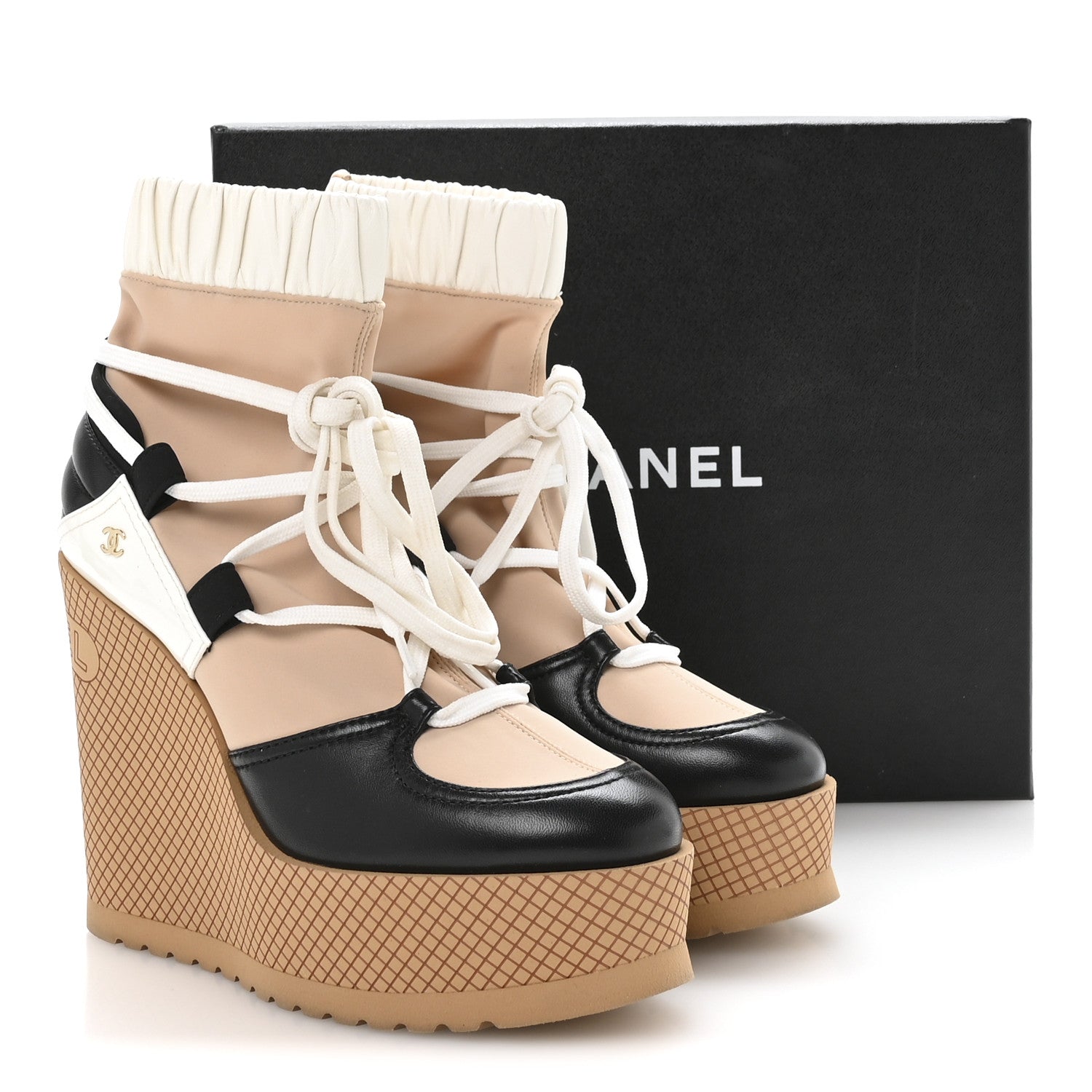 Chanel Fabric Lambskin Calfskin Runway Wedge Short Platform Boots 37 Black White Beige 8 of 8