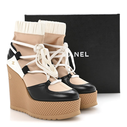 Chanel Fabric Lambskin Calfskin Runway Wedge Short Platform Boots 37 Black White Beige 8 of 8