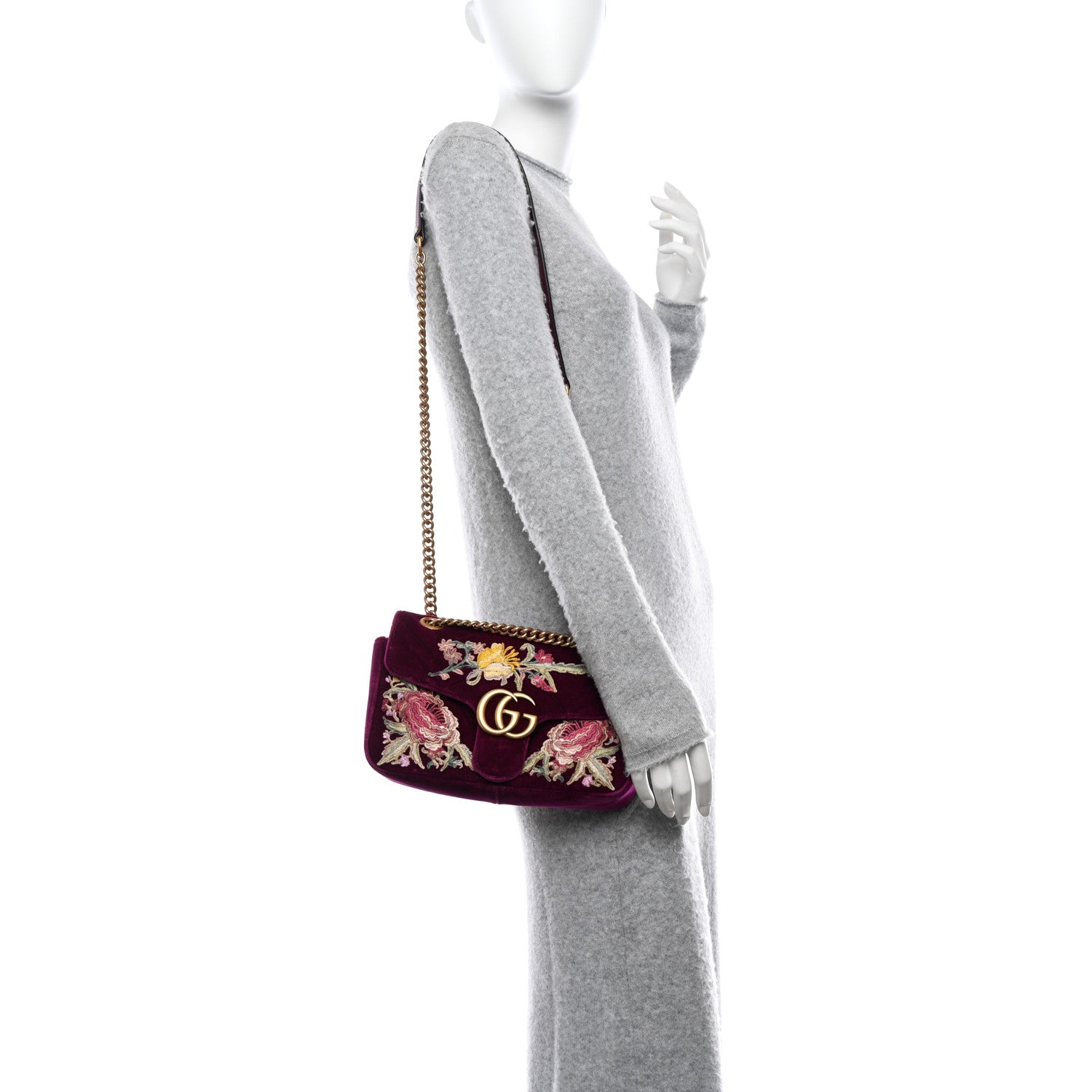 Gucci Velvet Matelasse Embroidered Small GG Marmont Shoulder Bag Fuchsia Violet Cyclamen 2 of 10