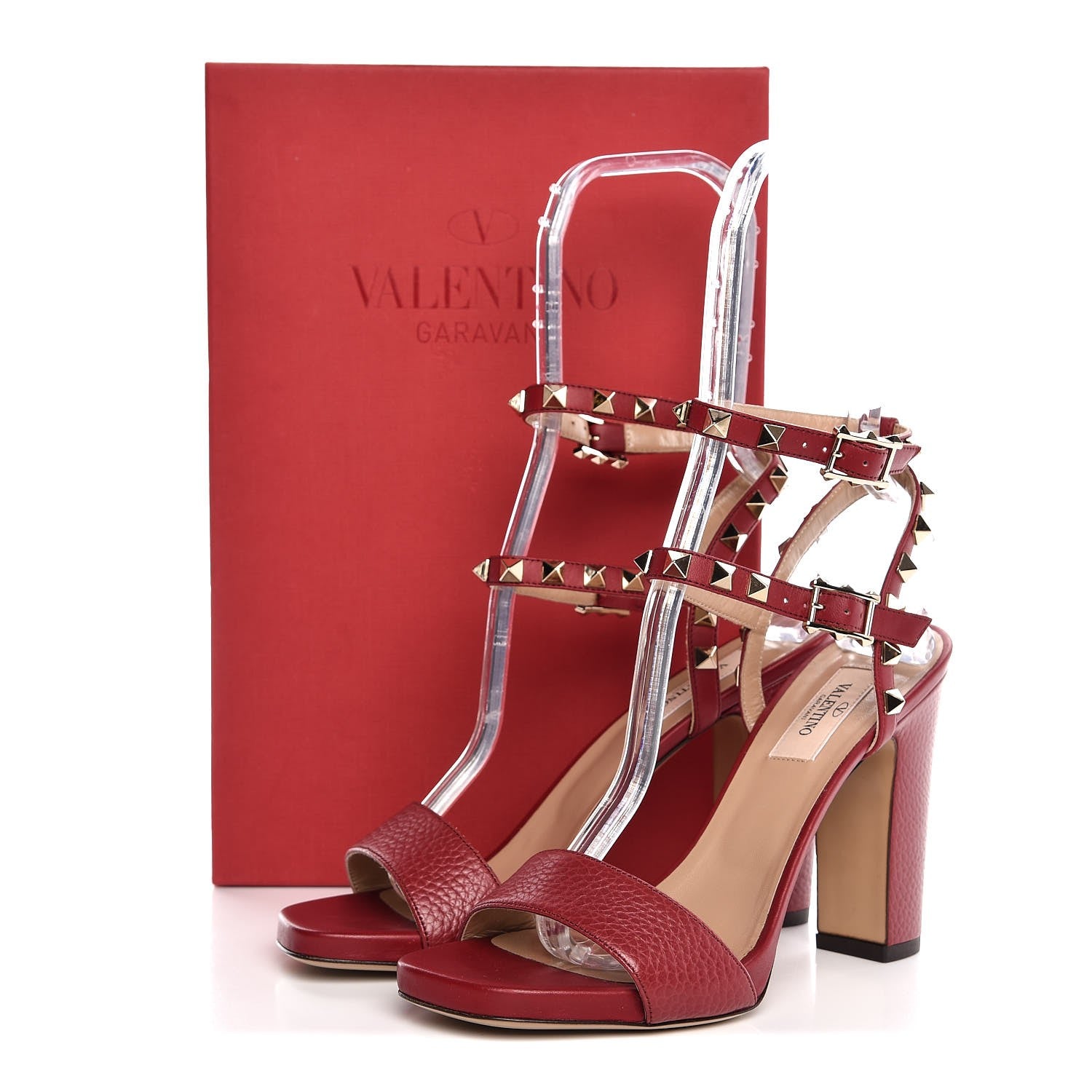 Valentino Garavani Pebbled Calfskin Rockstud Ankle Strap 5/105mm Sandals 37 Rubino 9 of 9