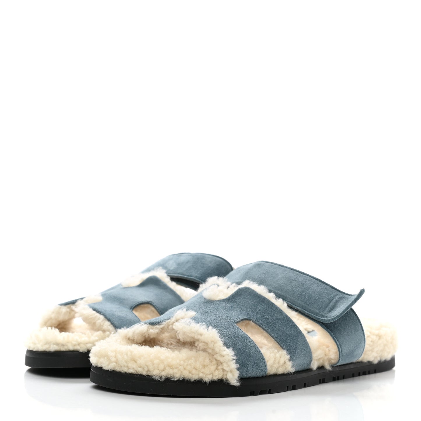 Suede Goatskin Woolskin Womens Chypre Sandals 37 Bleu Pinede Ecru