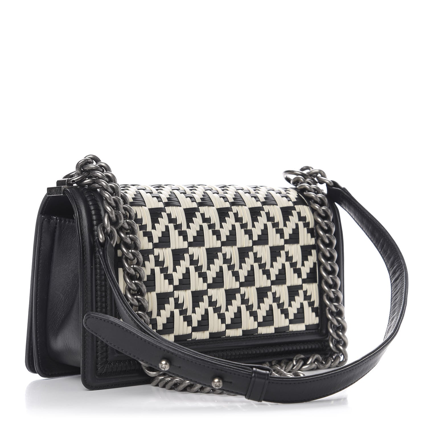 Chanel Calfskin Woven Medium Boy Flap Black White 3 of 12
