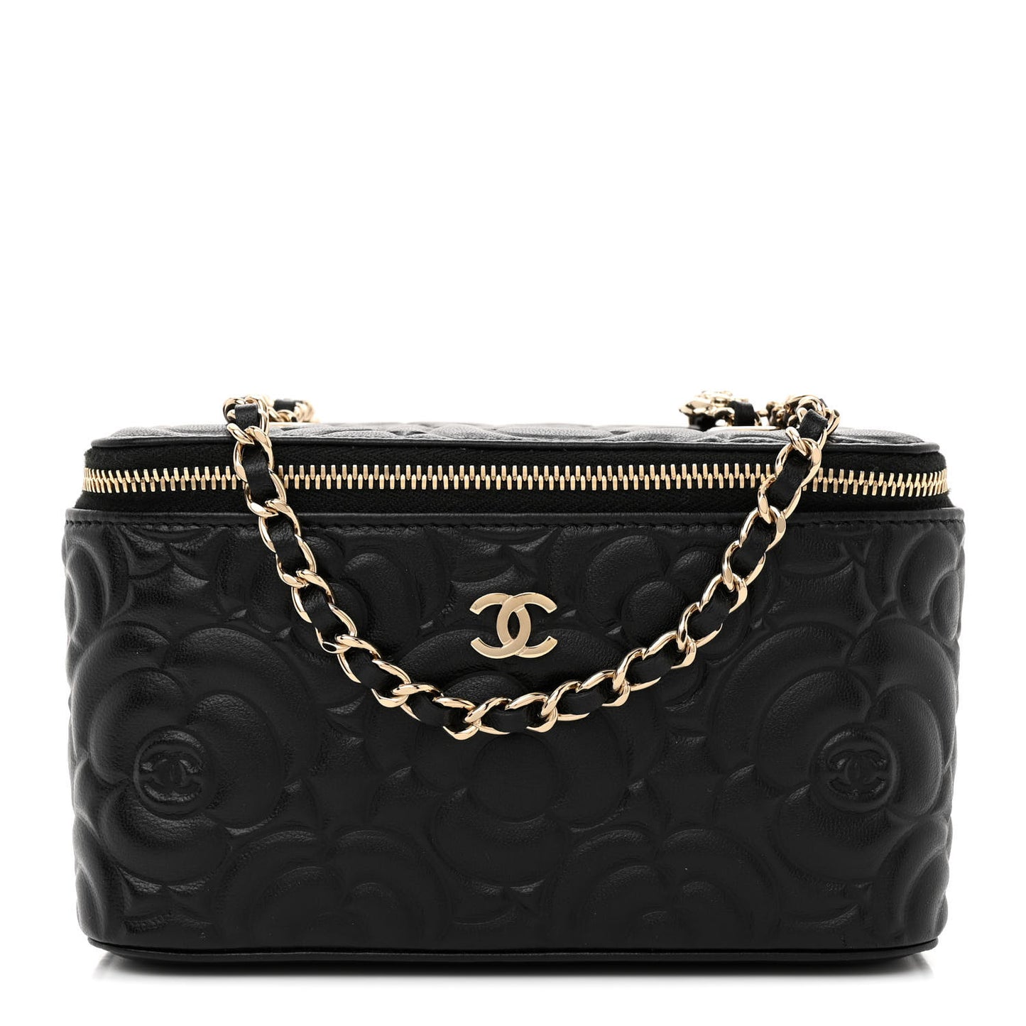 Lambskin Camellia Embossed Small Vanity Case With Chain Black