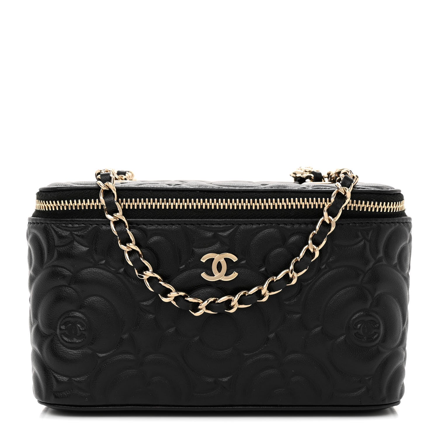 Chanel Lambskin Camellia Embossed Small Vanity Case With Chain Black 1 of 12