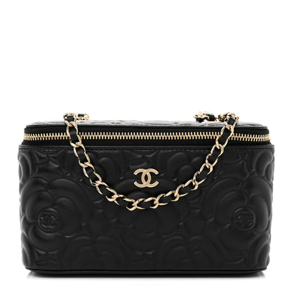 Chanel Lambskin Camellia Embossed Small Vanity Case With Chain Black 1 of 12