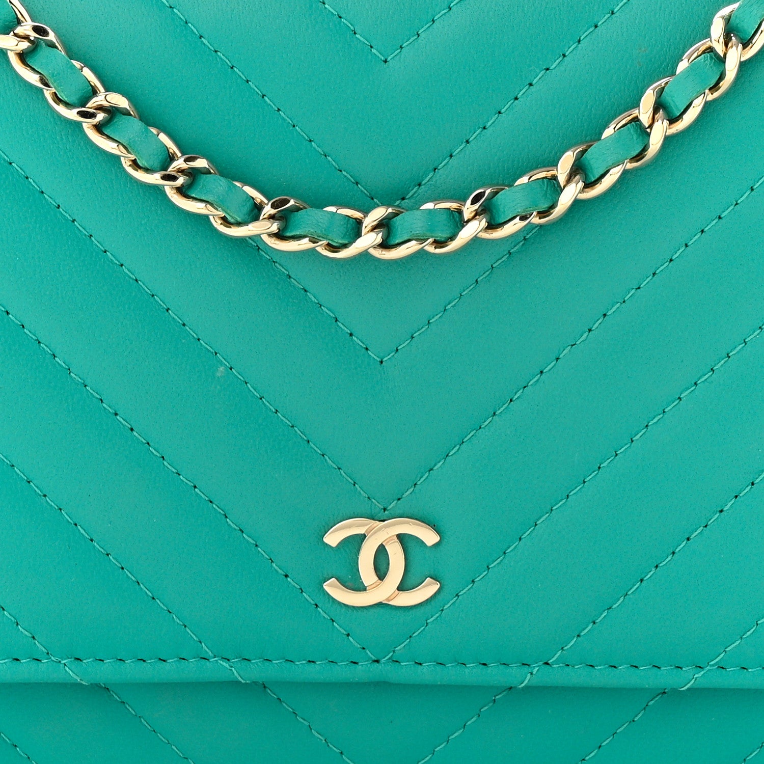 Chanel Lambskin Chevron Quilted Wallet On Chain WOC Turquoise 8 of 10