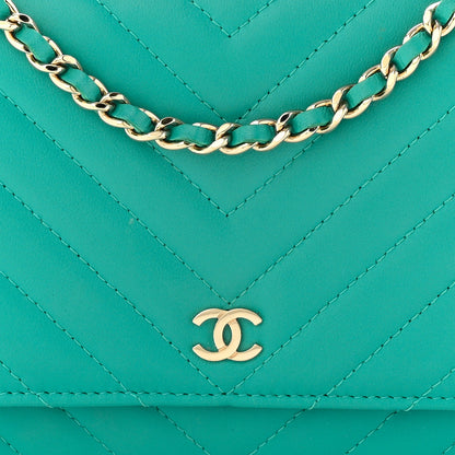Chanel Lambskin Chevron Quilted Wallet On Chain WOC Turquoise 8 of 10
