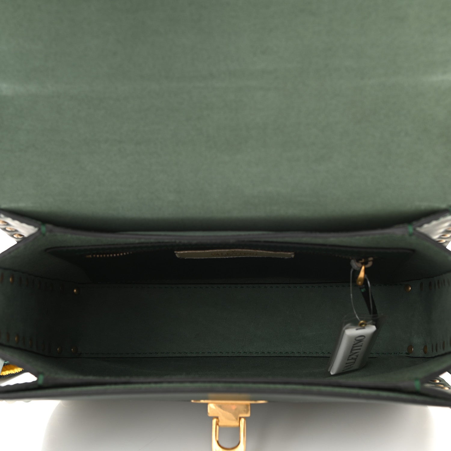 Valentino Garavani Calfskin Medium Guitar Strap Rockstud Rolling Flap Saddle Bag Dark Green 5 of 11
