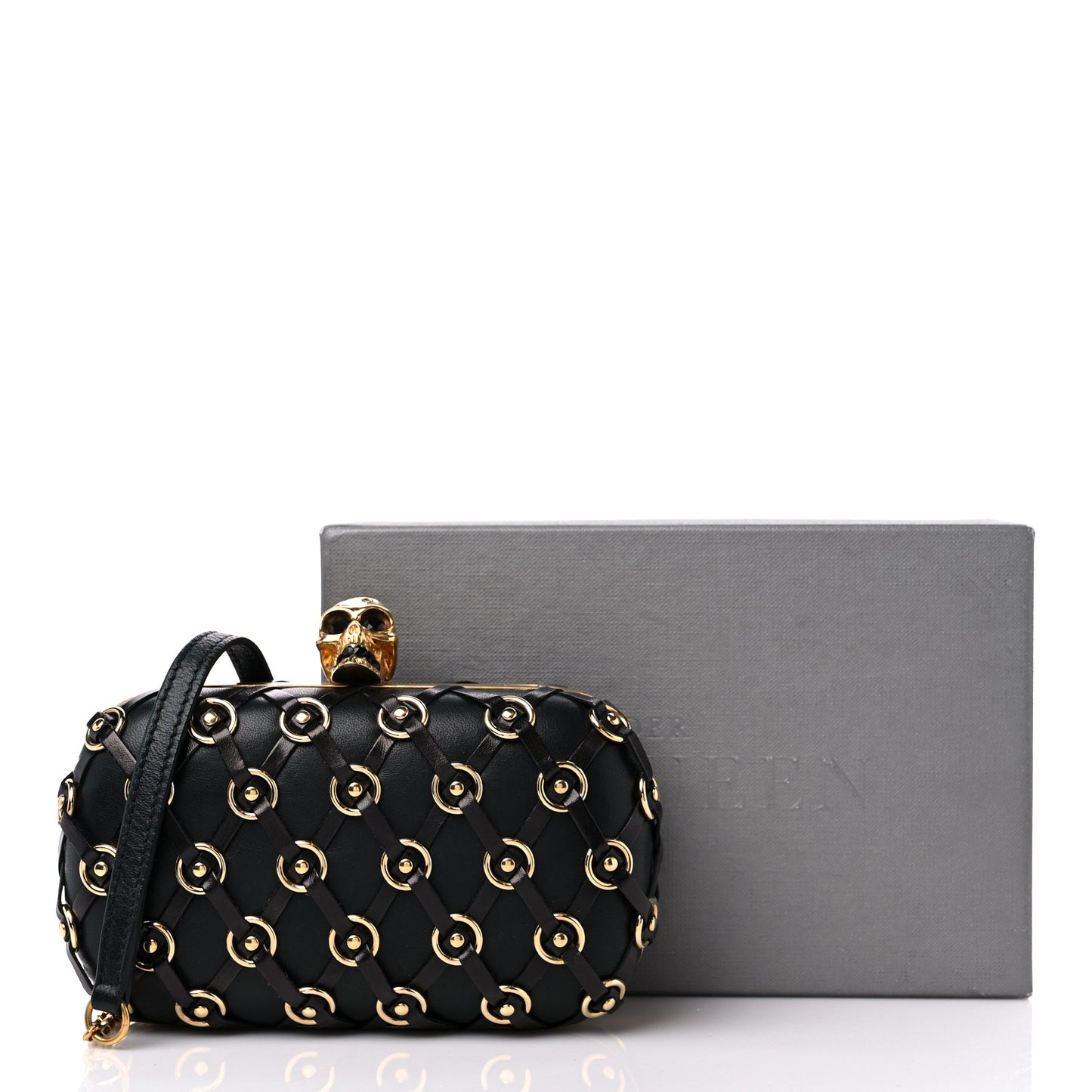 Calfskin Studded Skull Box Clutch Black