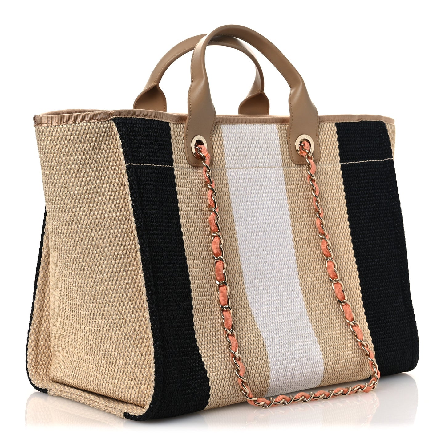 Straw Raffia Calfskin Striped Medium Deauville Tote Black Beige Ivory