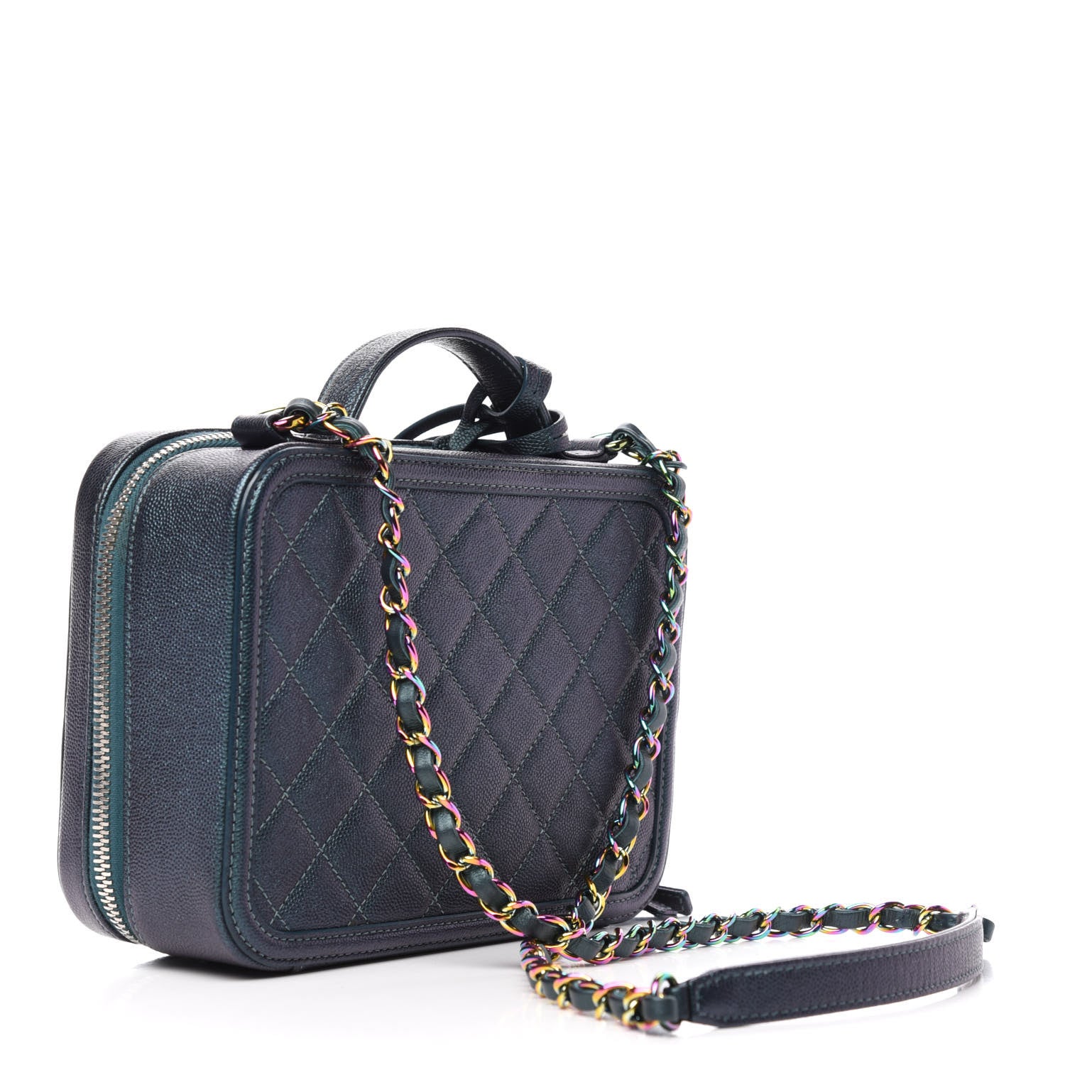Chanel Iridescent Caviar Quilted Medium CC Filigree Vanity Case Dark Turquoise 3 of 12