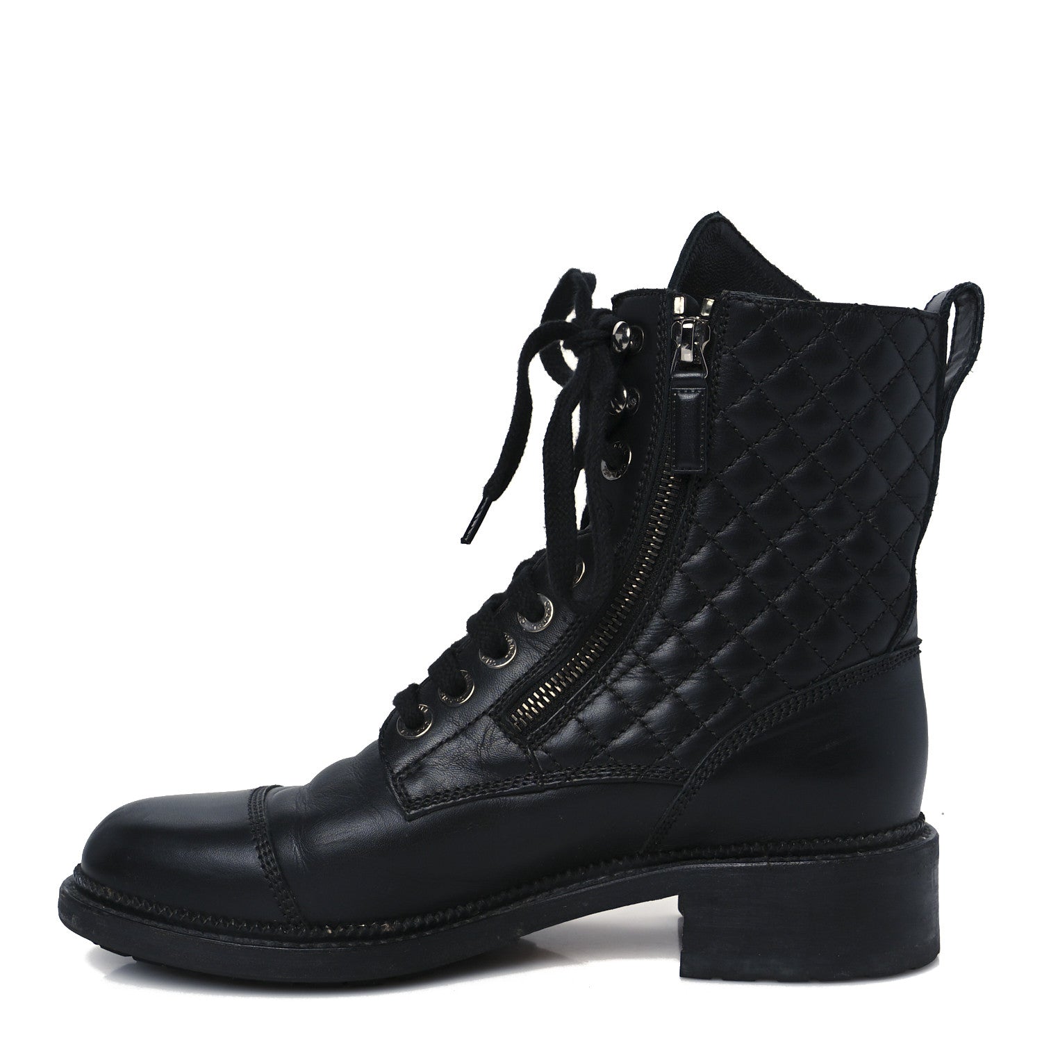 Chanel Calfskin Quilted Lace Up Combat Boots 39 Black 1 of 12