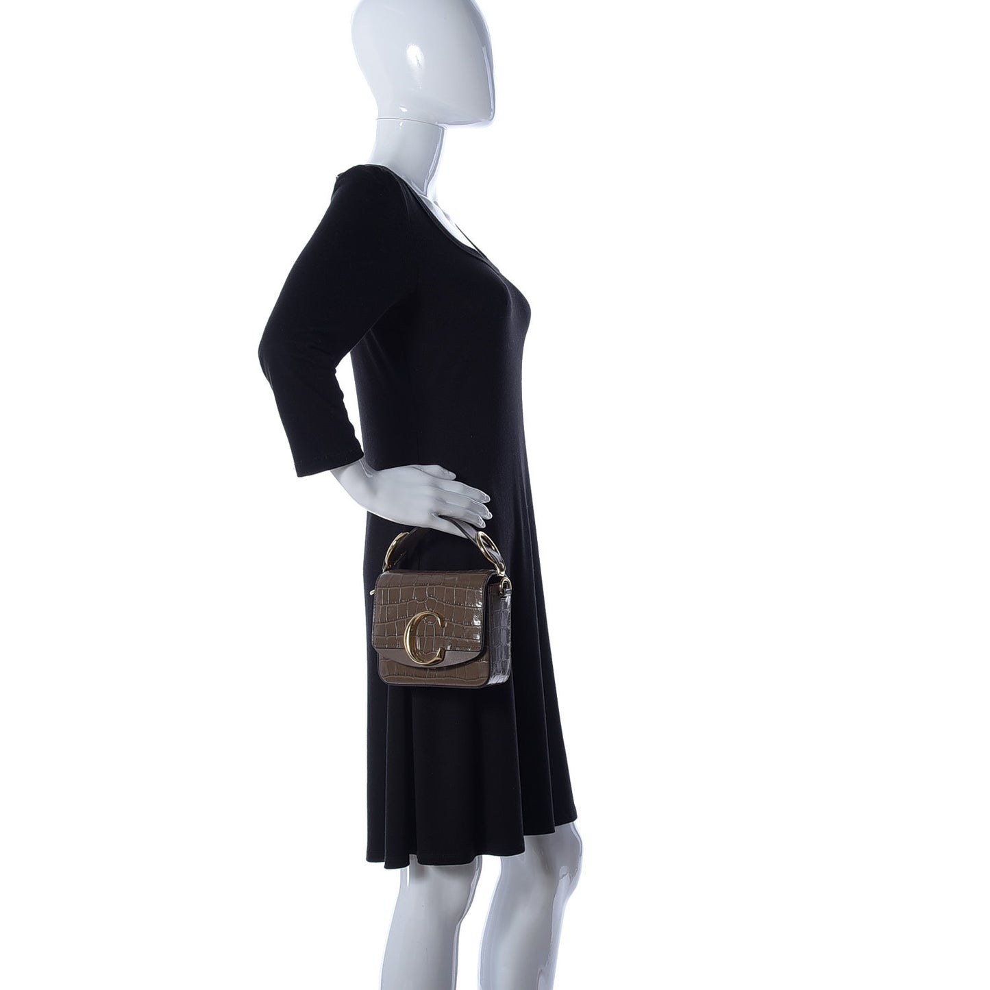 Calfskin Crocodile Embossed Mini C Double Carry Taupe
