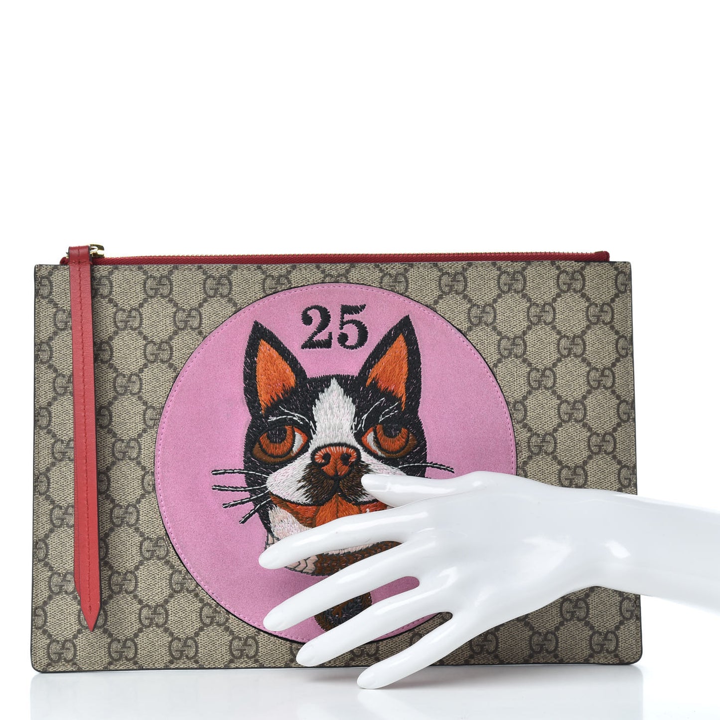 GG Supreme Monogram Bosco Patch Zip Pouch Beige Malva Hibiscus Red