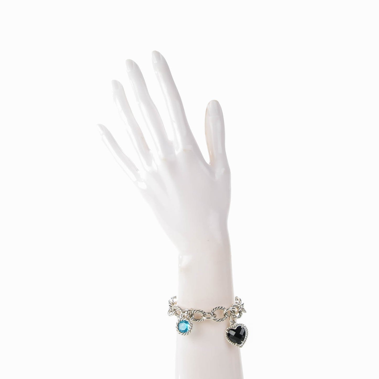 Sterling Silver Black Onyx Blue Topaz 12mm Large Oval Link Heart Charm Bracelet