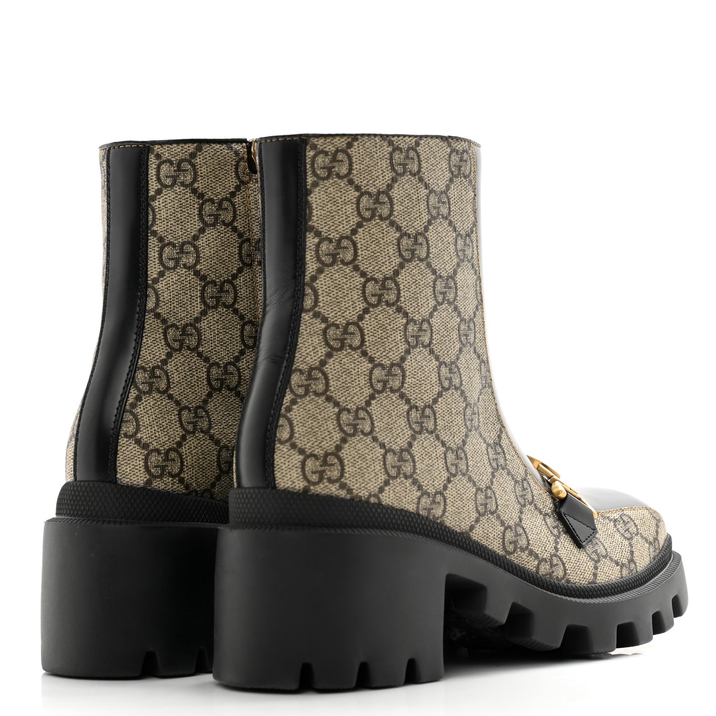 GG Supreme Monogram Magnum Calfskin Interlocking G Womens Lug Sole Ankle Boots 35 Beige Ebony Black