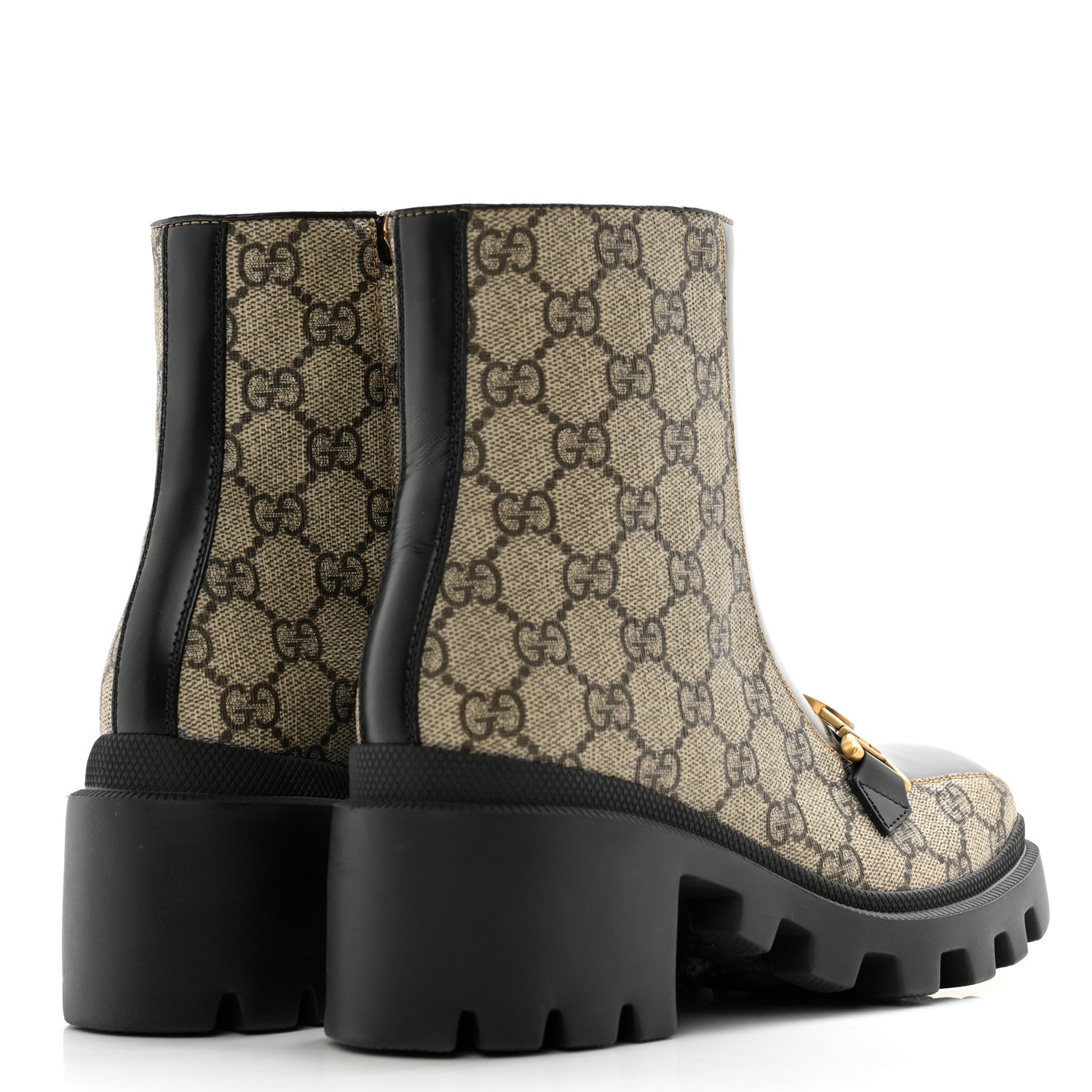 Gucci GG Supreme Monogram Magnum Calfskin Interlocking G Womens Lug Sole Ankle Boots 35 Beige Ebony Black 4 of 10