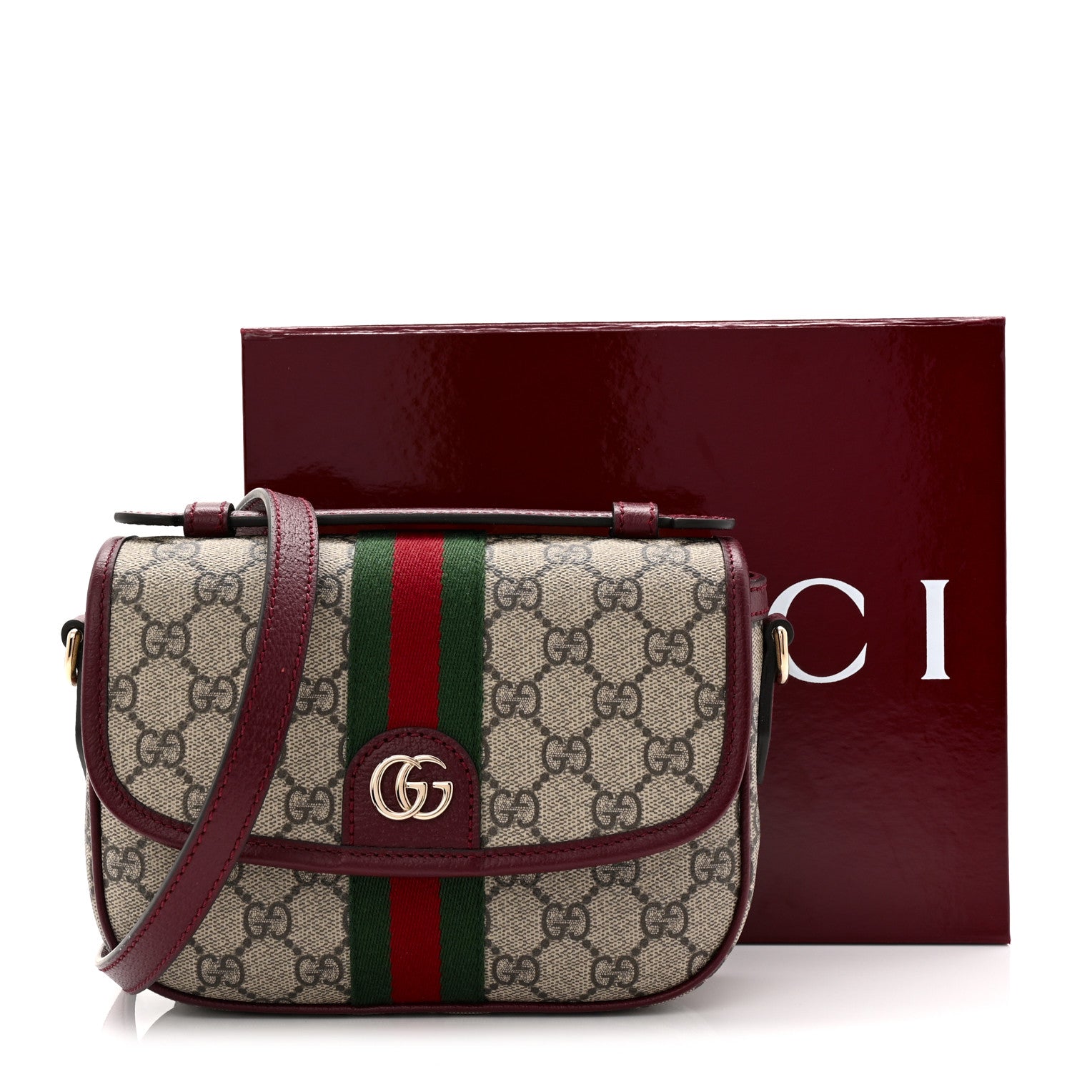 Gucci GG Supreme Monogram Textured Dollar Calfskin Small Ophidia Top Handle Shoulder Bag Beige Bordeaux 11 of 11