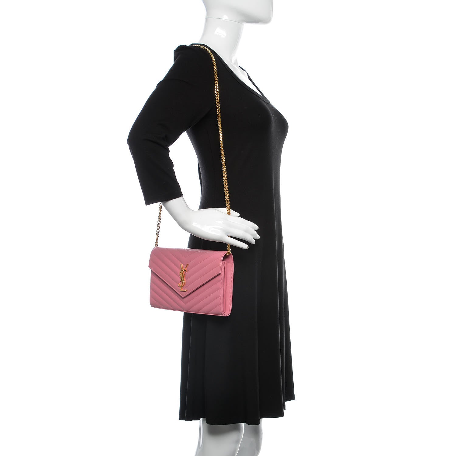 Saint Laurent Grain De Poudre Matelasse Chevron Monogram Chain Wallet Indian Pink 2 of 10