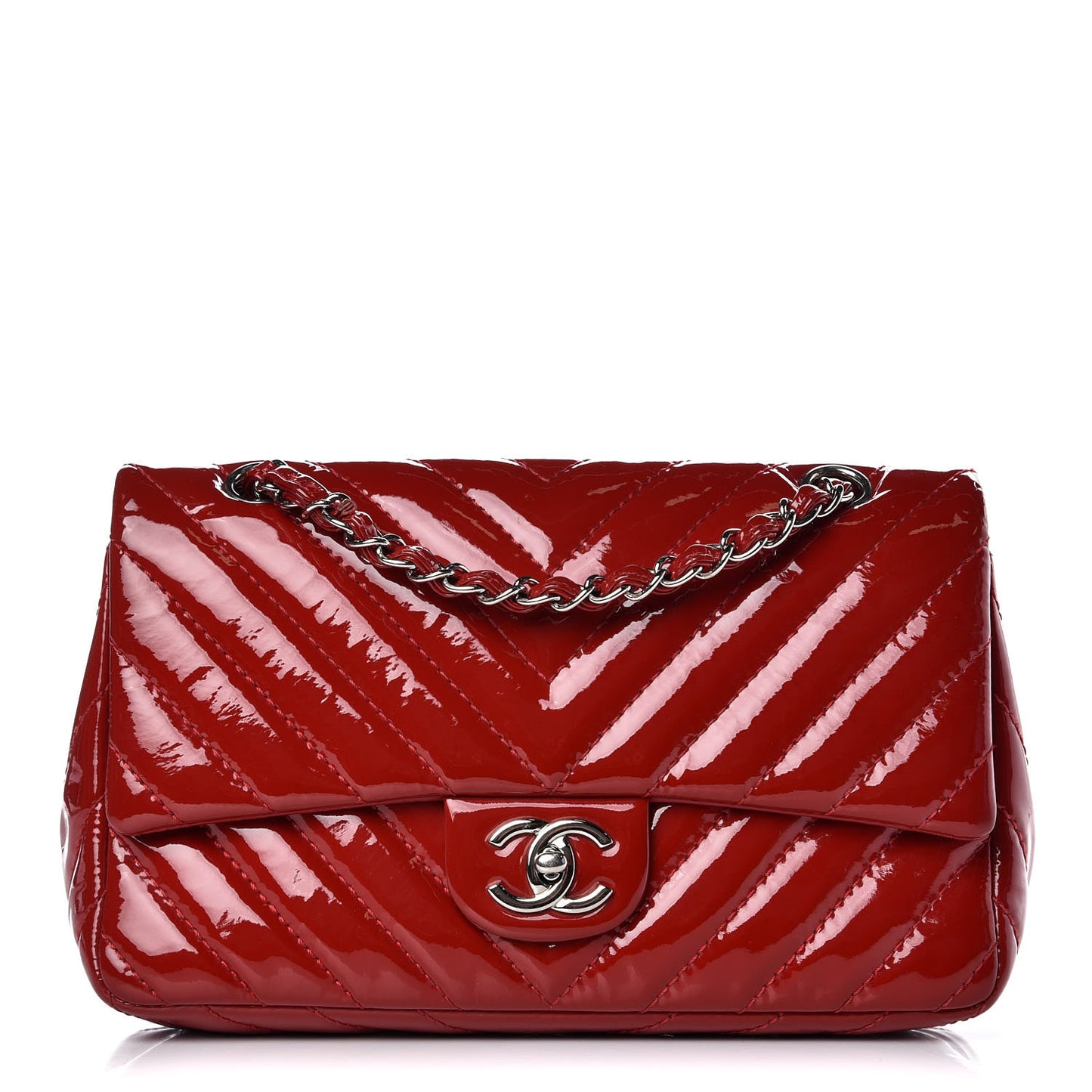 Patent Chevron Quilted Medium Single Flap Red