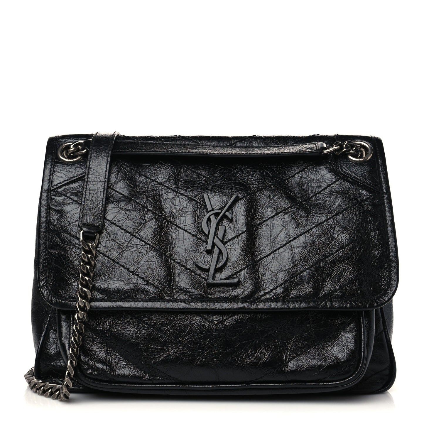 Crinkled Calfskin Matelasse Monogram Medium Niki Chain Satchel Black