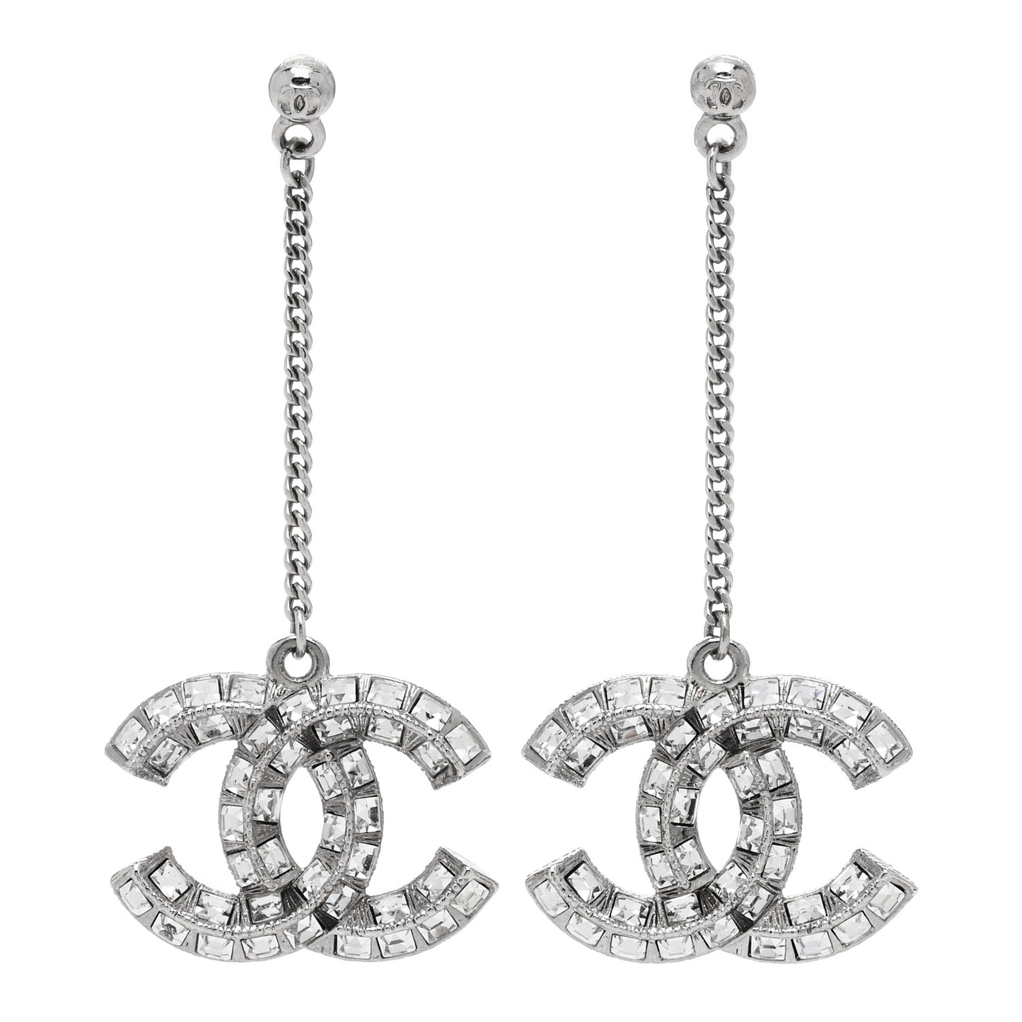 Baguette Crystal CC Drop Earrings Silver