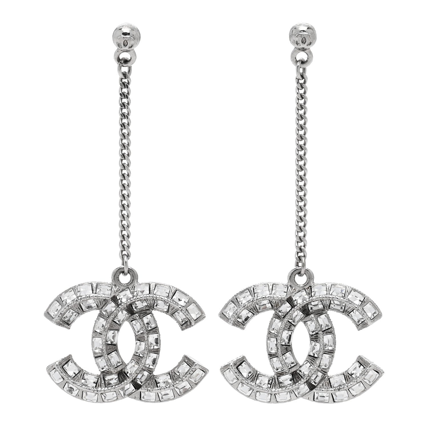 Chanel Baguette Crystal CC Drop Earrings Silver 1 of 4