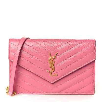 Saint Laurent Grain De Poudre Matelasse Chevron Monogram Envelope Chain Wallet Rose Clair 1 of 10